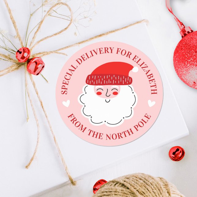 Cute Christmas Santa Special Delivery North Pole Classic Round Sticker (A cute pink and red Santa Claus special delivery sticker. Great for decorating Christmas gifts.)