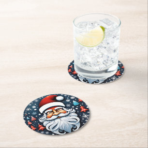 Cute Christmas Santa with Trees Festive  Round Paper Coaster