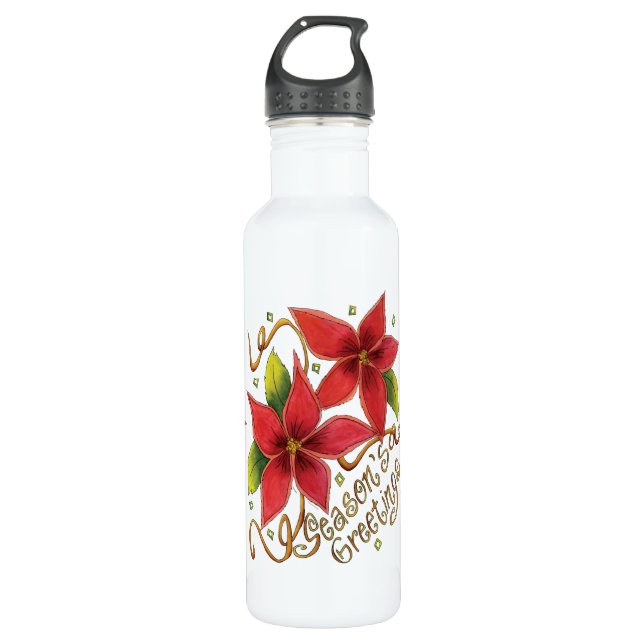 Cute Christmas Season's Greetings with Poinsettias 710 Ml Water Bottle (Front)
