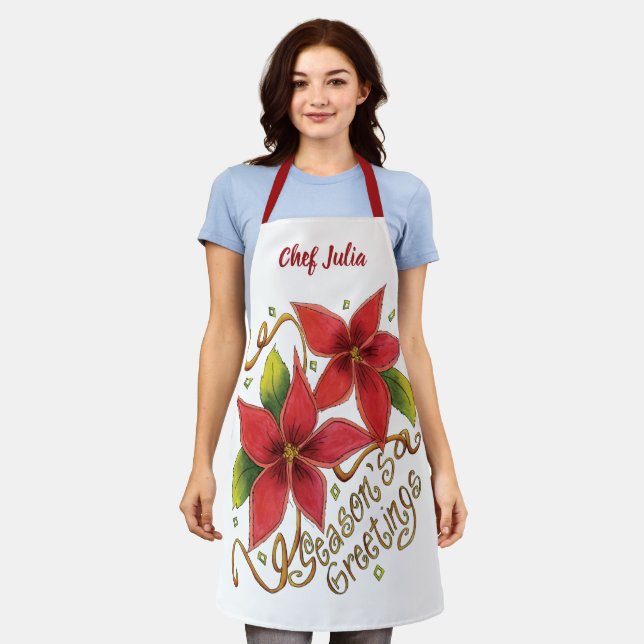 Cute Christmas Season's Greetings with Poinsettias Apron (Worn)