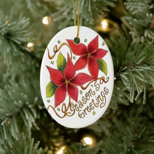 Cute Christmas Season's Greetings with Poinsettias Ceramic Tree Decoration (Tree)