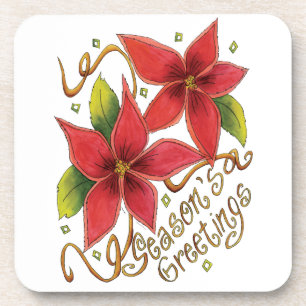 Cute Christmas Season's Greetings with Poinsettias Coaster