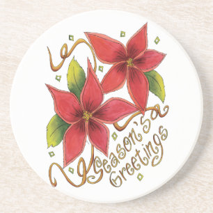Cute Christmas Season's Greetings with Poinsettias Coaster