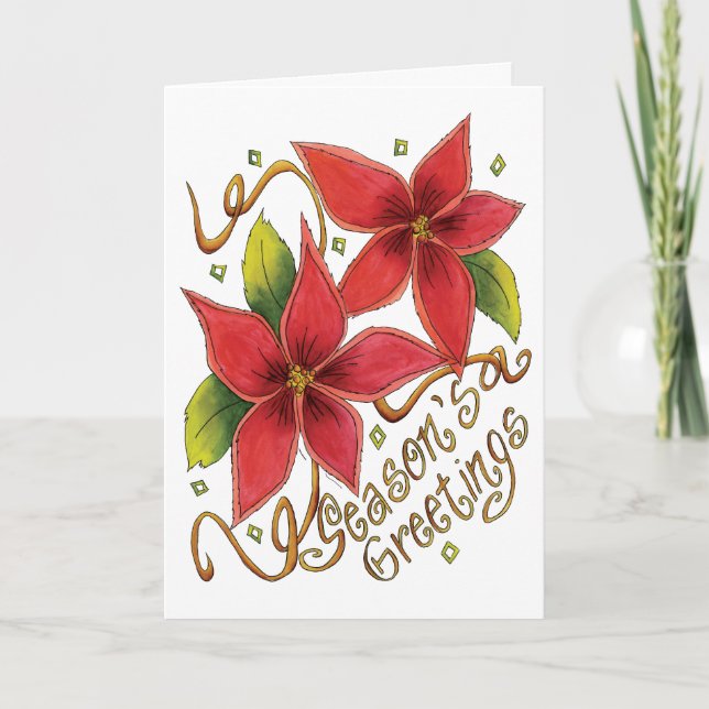 Cute Christmas Season's Greetings with Poinsettias Holiday Card (Front)