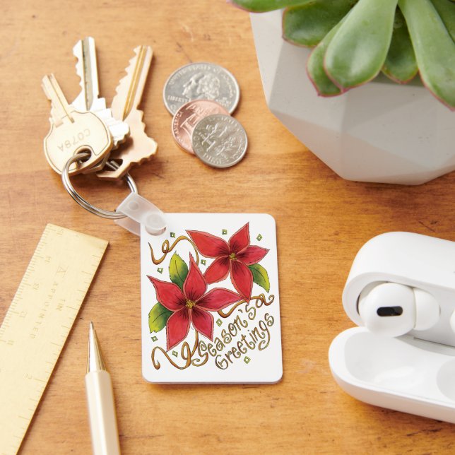 Cute Christmas Season's Greetings with Poinsettias Key Ring (Desk)