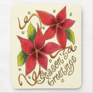 Cute Christmas Season's Greetings with Poinsettias Mouse Mat
