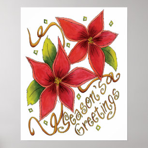 Cute Christmas Season's Greetings with Poinsettias Poster