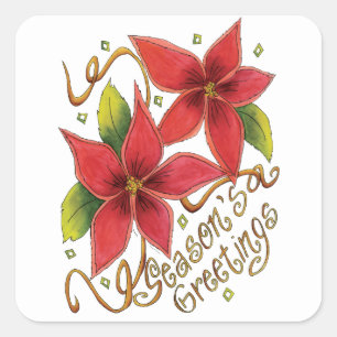 Cute Christmas Season's Greetings with Poinsettias Square Sticker