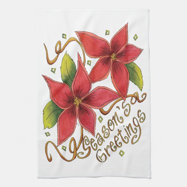 Cute Christmas Season's Greetings with Poinsettias Tea Towel (Vertical)