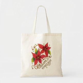 Cute Christmas Season's Greetings with Poinsettias Tote Bag
