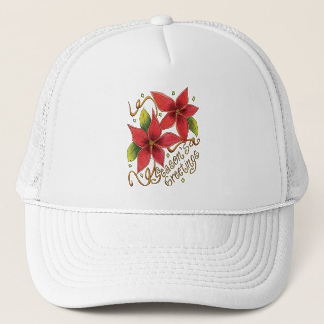 Cute Christmas Season's Greetings with Poinsettias Trucker Hat (Front)