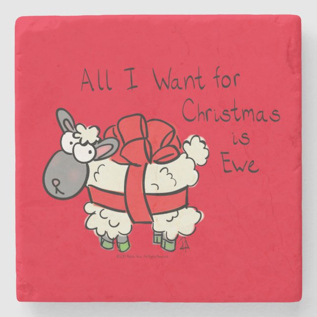 Cute Christmas Sheep Cartoon Stone Coaster (Front)