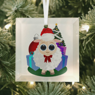 Cute Christmas Sheep Festive Holiday Round Glass Tree Decoration