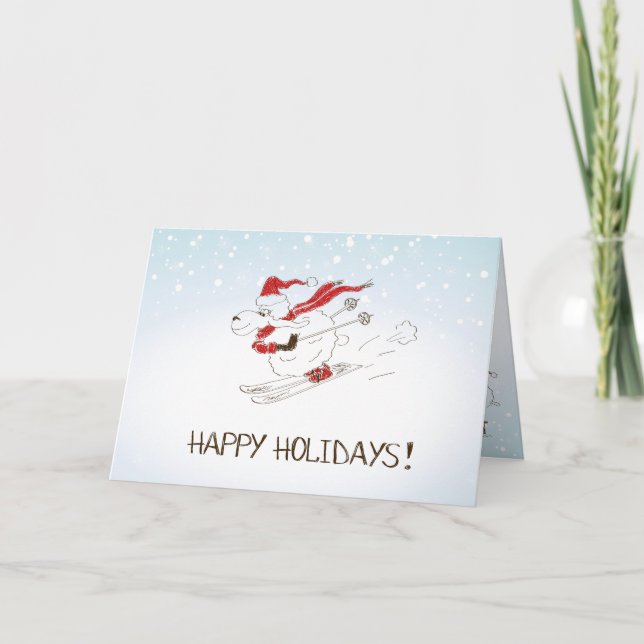 Cute Christmas Sheep Skiing - Happy Holidays Holiday Card (Front)