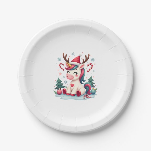 Cute Christmas Shirt Girls Women Xmas Unicorn Deer Paper Plate (Front)
