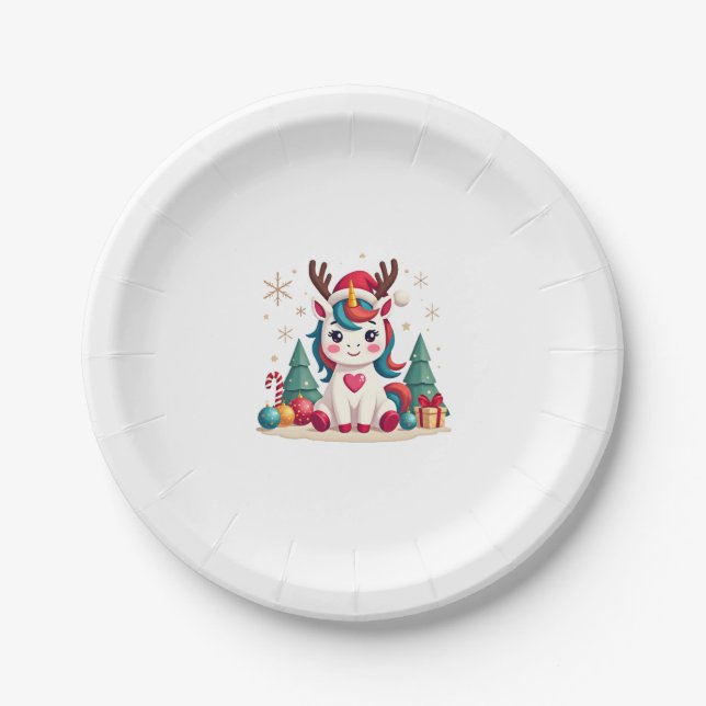 Cute Christmas Shirt Girls Women Xmas Unicorn Deer Paper Plate (Front)
