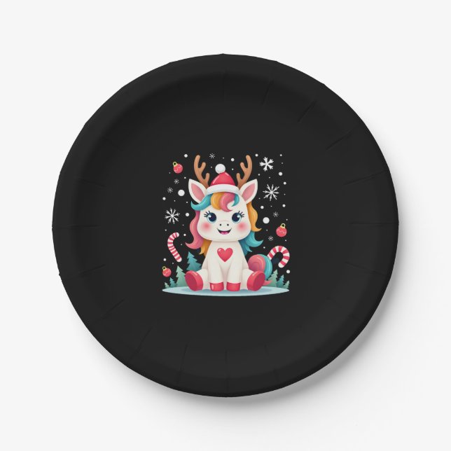 Cute Christmas Shirt Girls Women Xmas Unicorn Deer Paper Plate (Front)