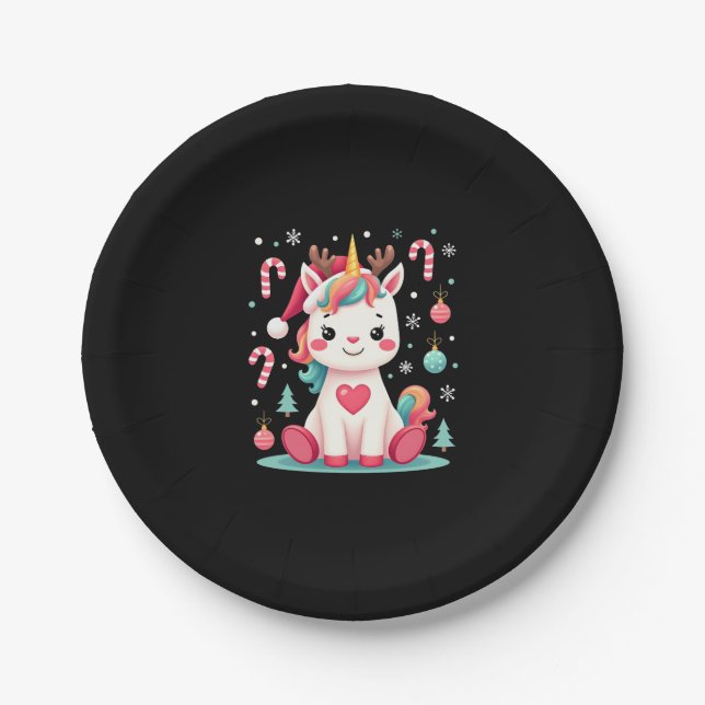 Cute Christmas Shirt Girls Women Xmas Unicorn Deer Paper Plate (Front)