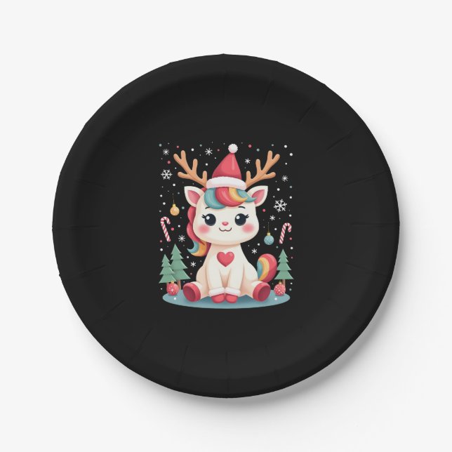 Cute Christmas Shirt Girls Women Xmas Unicorn Deer Paper Plate (Front)