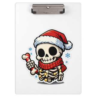 Cute Christmas Skeleton Holding Candy Cane Kawaii Clipboard