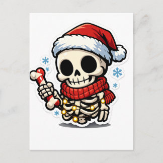Cute Christmas Skeleton Holding Candy Cane Kawaii Postcard