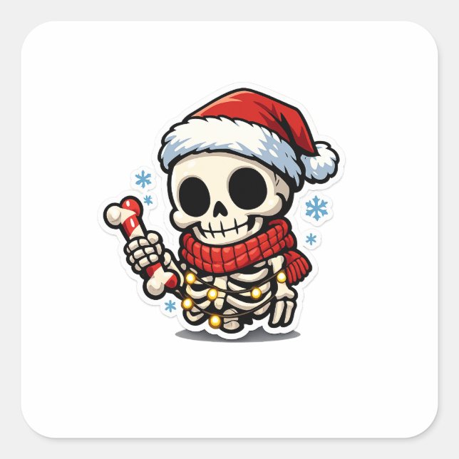 Cute Christmas Skeleton Holding Candy Cane Kawaii  Square Sticker (Front)
