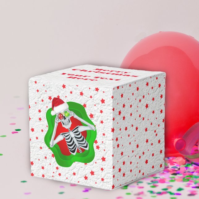 Cute Christmas Skeletons Hats Red Stars on white Favour Box (Funny Skeleton ornament eyes hat Red and green on textured white with red stars Christmas gift box.)