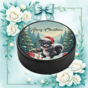 Cute Christmas Skunk Cartoon Hockey Puck
