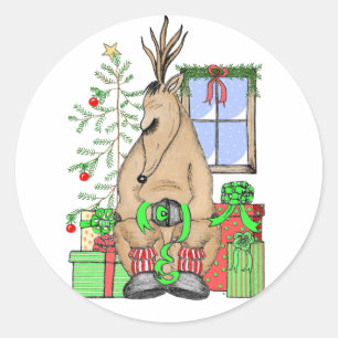 Cute Christmas Sleepy Reindeer Wrapping Gifts Classic Round Sticker