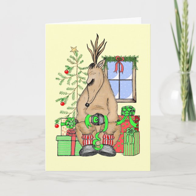 Cute Christmas Sleepy Reindeer Wrapping Gifts Holiday Card (Front)