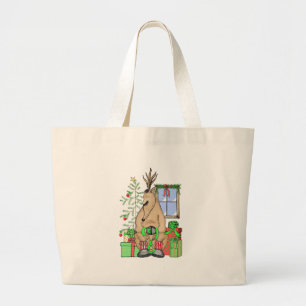 Cute Christmas Sleepy Reindeer Wrapping Gifts Large Tote Bag