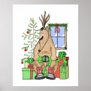 Cute Christmas Sleepy Reindeer Wrapping Gifts Poster