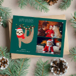 Cute Christmas Sloth 2 Photo Collage  Holiday Card<br><div class="desc">Cute Christmas sloth personalised photo cards.</div>