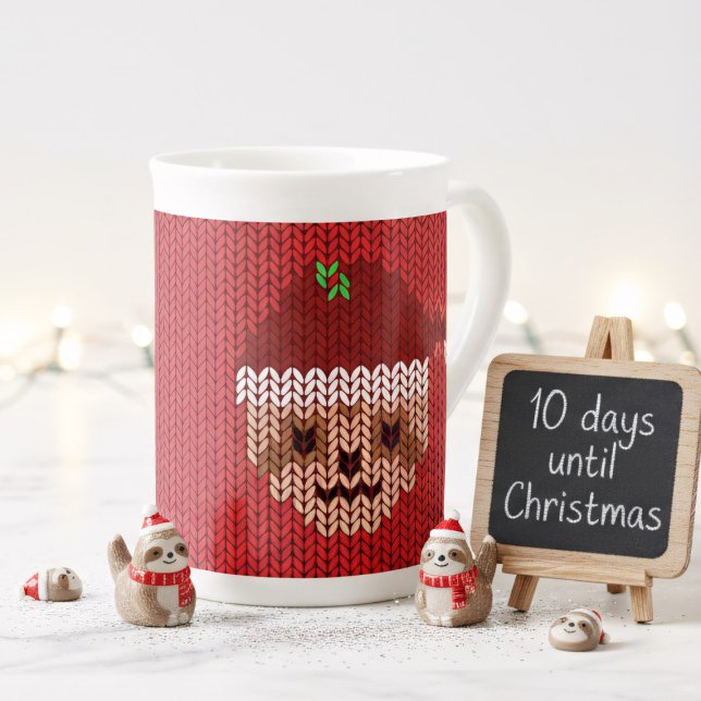 Cute Christmas Sloth Monogram Red Holiday Bone China Mug (Your cute, personalized sloth mug makes the season even more joyful.)