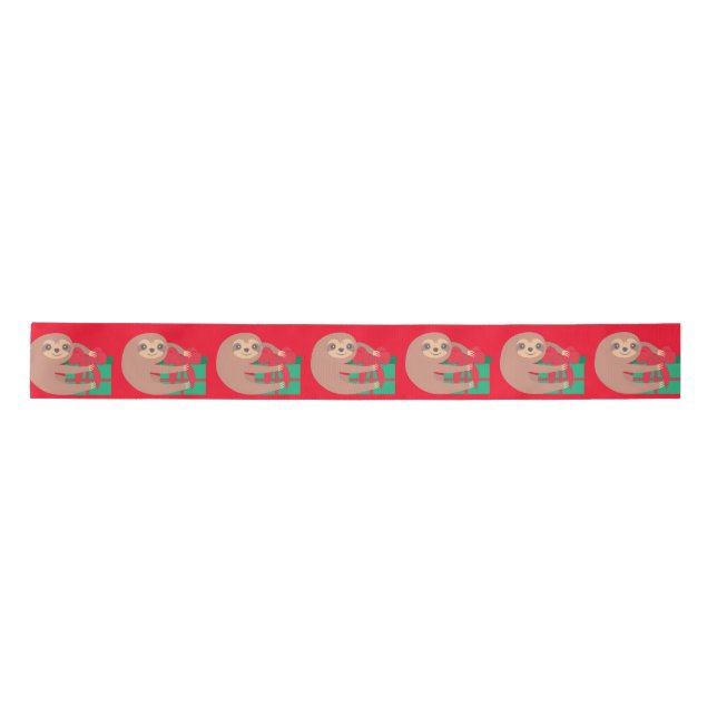 Cute Christmas Sloth Red Satin Ribbon (Front)