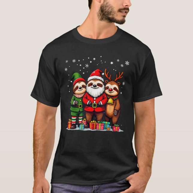 Cute Christmas Sloths in Santa Elf and Reindeer Co T-Shirt (Front)