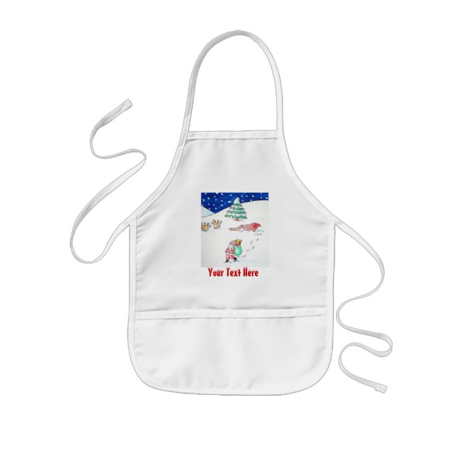Cute christmas snow scene with santa and sleigh kids apron (Front)