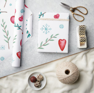 Cute Christmas Snowflakes and Red Hearts Wrapping Paper