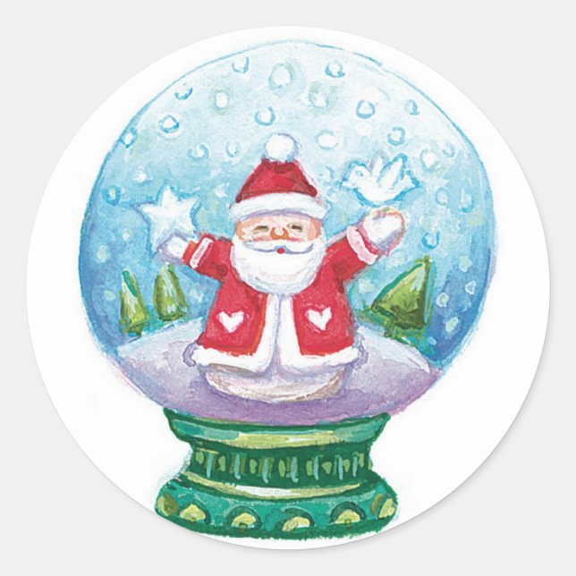 Cute Christmas Snowglobe Santa Claus, Star, Bird Classic Round Sticker (Front)