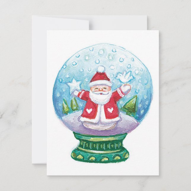 Cute Christmas Snowglobe Santa Claus, Star, Bird Holiday Card (Front)