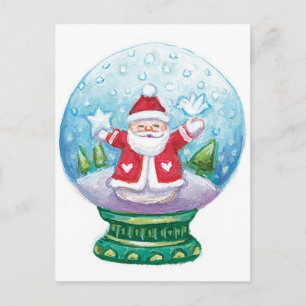 Cute Christmas Snowglobe Santa Claus, Star, Bird Holiday Postcard