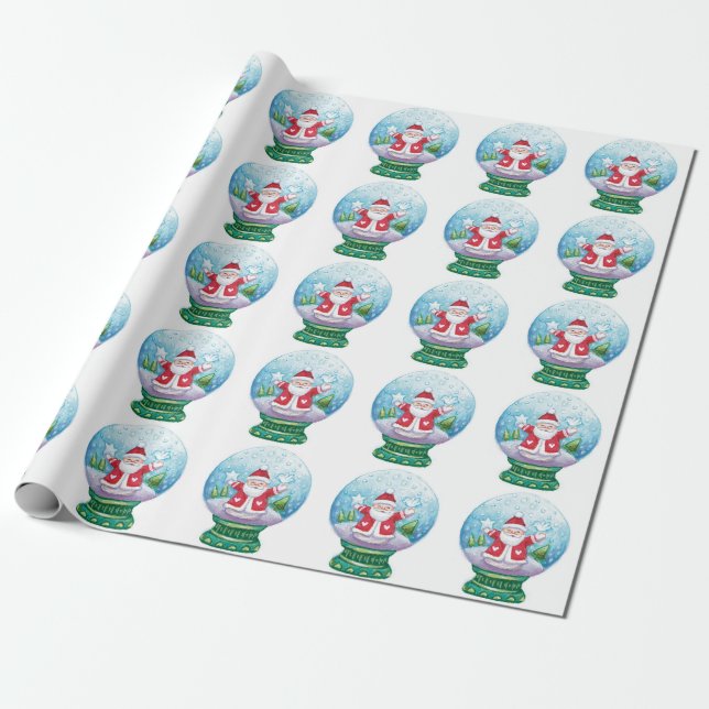 Cute Christmas Snowglobe Santa Claus, Star, Bird Wrapping Paper (Unrolled)