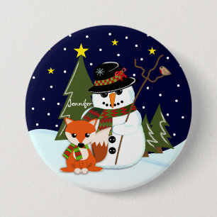 Cute Christmas Snowman and Fox and Custom name 7.5 Cm Round Badge