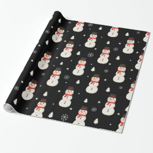 Cute Christmas Snowman Black Wrapping Paper