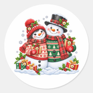 Cute Christmas Snowman Couple in Festive Sweaters Classic Round Sticker