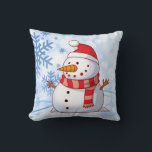 Cute Christmas Snowman Cushion<br><div class="desc">A cute Christmas snowman who is kind of chubby and jolly wearing  a striped scarf and a red christmas hat. Snowflakes and bokeh style lighting make up the background.</div>