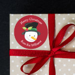 Cute Christmas Snowman Custom Red From Gift Classic Round Sticker<br><div class="desc">A cute snowman Christmas gift label with your name and holiday message. Put these adorable red personalised stickers on all of your kids holiday presents. Customise with the to or from.</div>