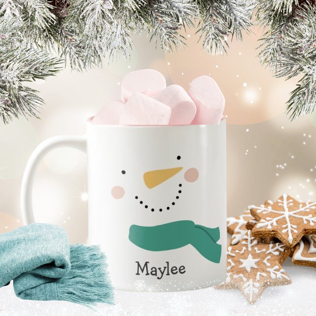 Cute Christmas Snowman Face Holiday Two-Tone Coffee Mug (Creator Uploaded)