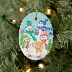 Cute Christmas Snowman Family in the Snow Ceramic Tree Decoration