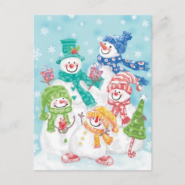 Cute Christmas Snowman Family in the Snow Holiday Postcard (Front)